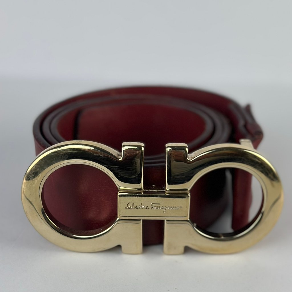 Salvatore Ferragamo Gold Double Gancini Belt Red